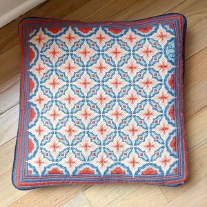 Vintage 13in Handmade Needlepoint Pillow Geometric Pastel Cream Pink Blue